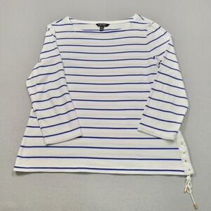 Lauren Ralph Lauren Striped Lace Up Side Boat Neck Top XXL White Blue